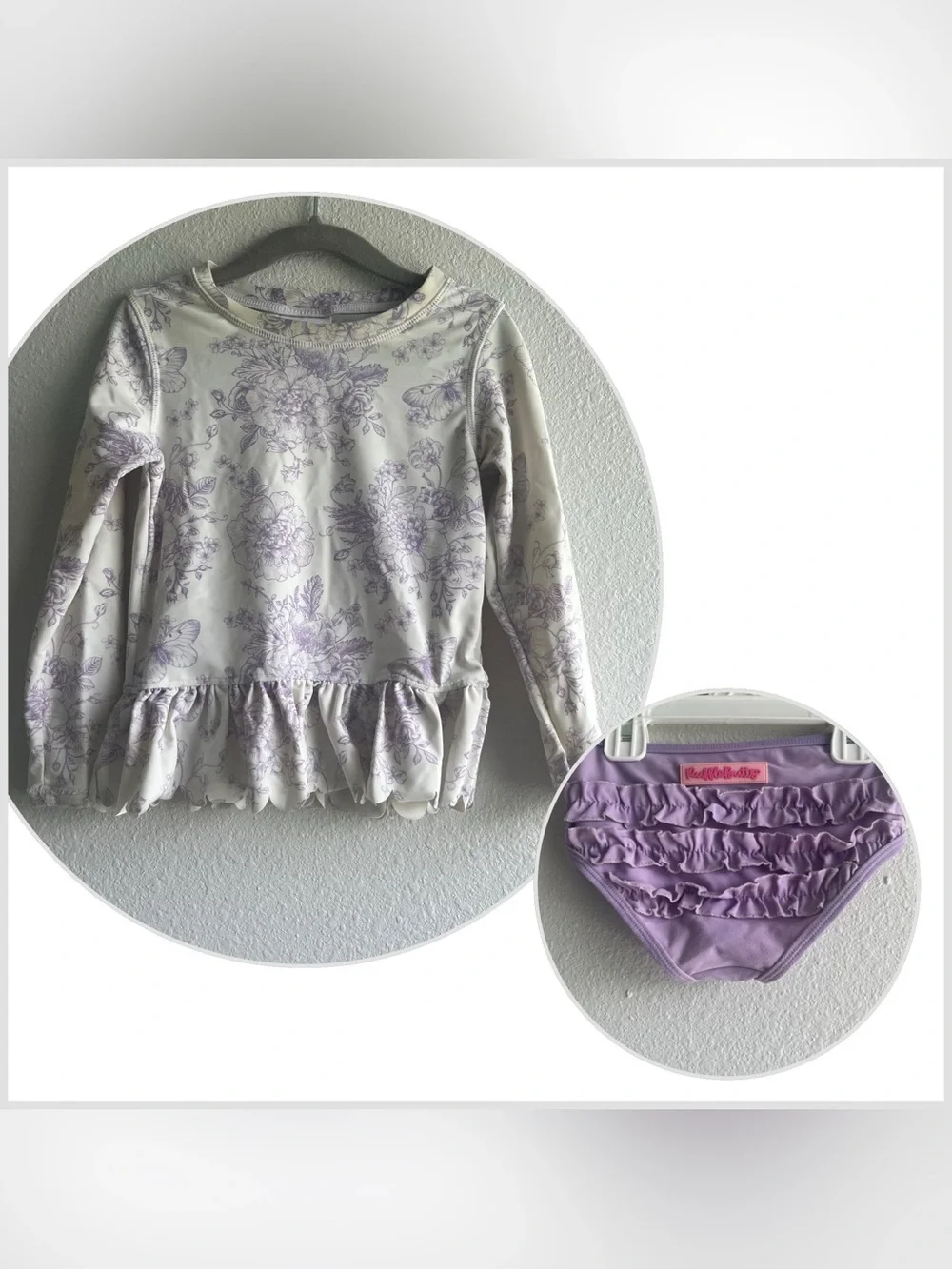 RuffleButts scallop hem long sleeve girls’ rash guard 2-piece swimsuit wisteria